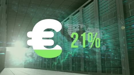 euro symbol and increasing percentage with digital data and computer server room