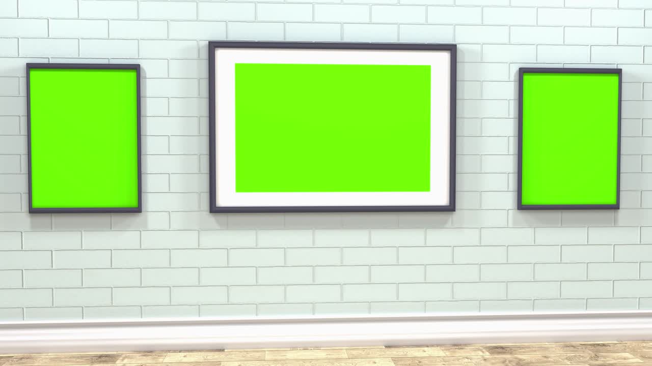 habitación con pinturas o fotografías en una pared de ladrillo decorativa. animación del interior de la habitación.