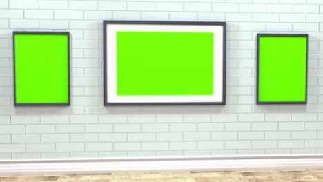 habitación con pinturas o fotografías en una pared de ladrillo decorativa. animación del interior de la habitación.