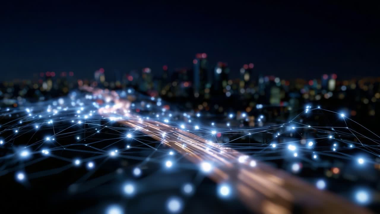A mesmerizing view of a city skyline illuminated by vibrant lights, showcasing interconnected network lines, symbolizing technology and modern innovation at night