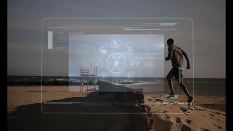 animation of data processing over african american man running on beach