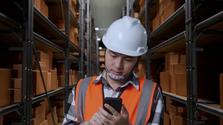 Warehouse Worker Checking Inventory on Smartphone