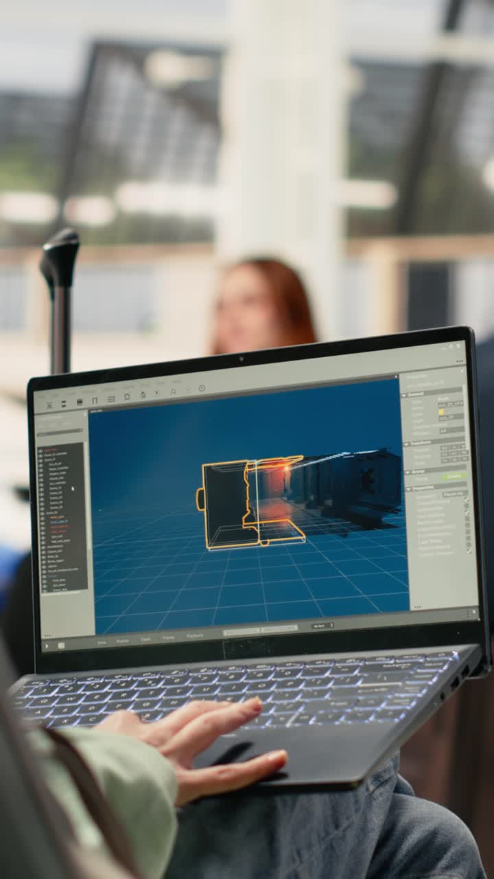 Video verticale. Nomade digitale sviluppatore di giochi che lavora al laptop in un aeroporto internazionale.