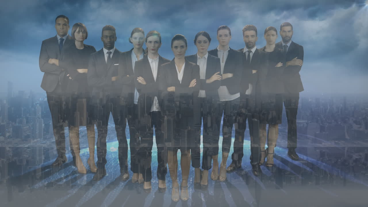 анимация разнообразных бизнесменов по городскому пейзажу