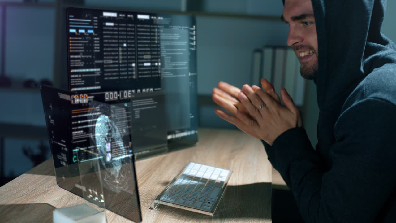 Futuristic cyber hacker operating under the guise of Anonymous, employs advanced algorithms to infiltrate cybersecurity systems and exploit vulnerabilities in password security