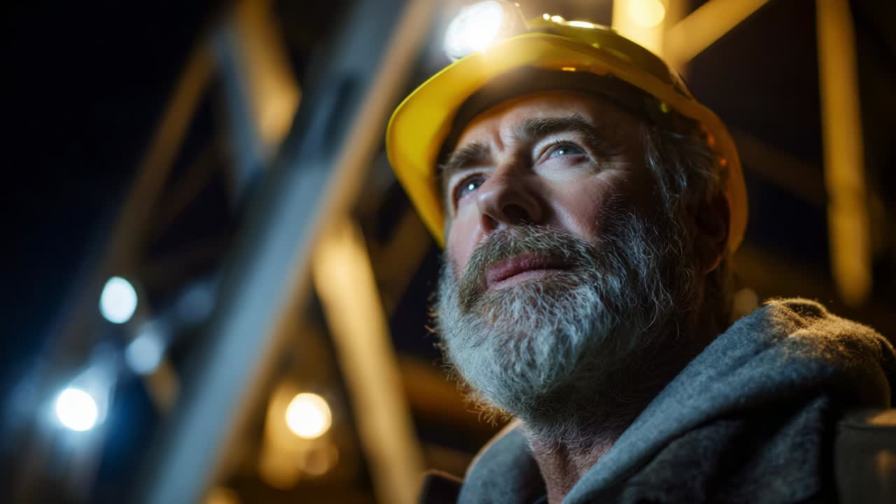 A determined construction worker stands under the machinery's glow, wearing a hard hat that illuminates his focused expression, showcasing the essence of hard work and dedication during nighttime operations