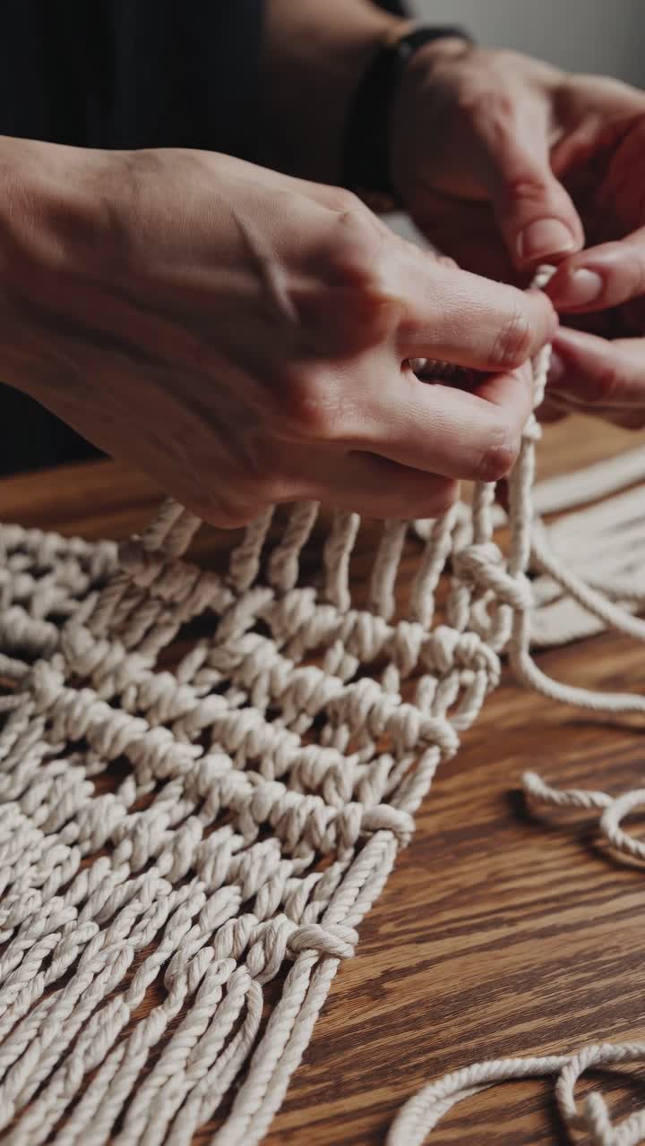 Primer plano de un vídeo de unas manos haciendo macramé en una mesa de madera