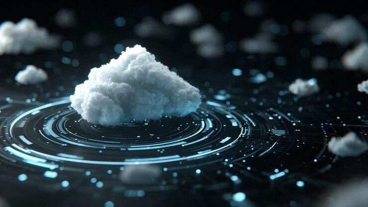 A Visually Stunning Depiction of a Digital Cloud Surrounded by Abstract Geometric Circles and Light Patterns, Showcasing the Intersection of Nature and Technology