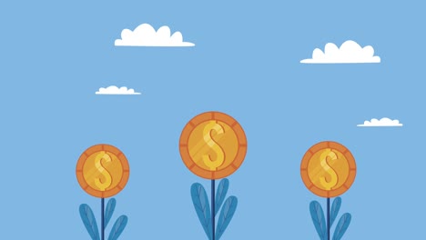 financial business animation with plants of coins