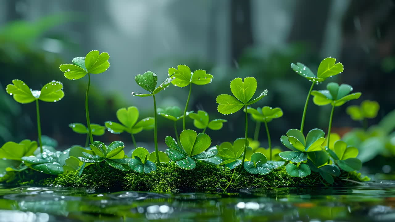 Lush clovers in a calm forest. Small clovers with raindrops are growing on mossy ground in a peaceful forest, surrounded by vibrant greenery