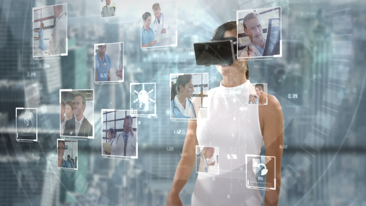 mujer de negocios con auriculares de realidad virtual