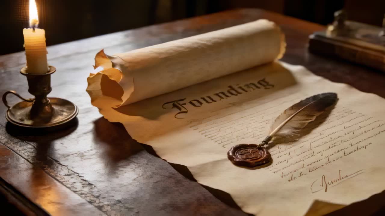 Flickering candle moving light across Founding parchment on wooden desk, quill, wax seal and inkpot