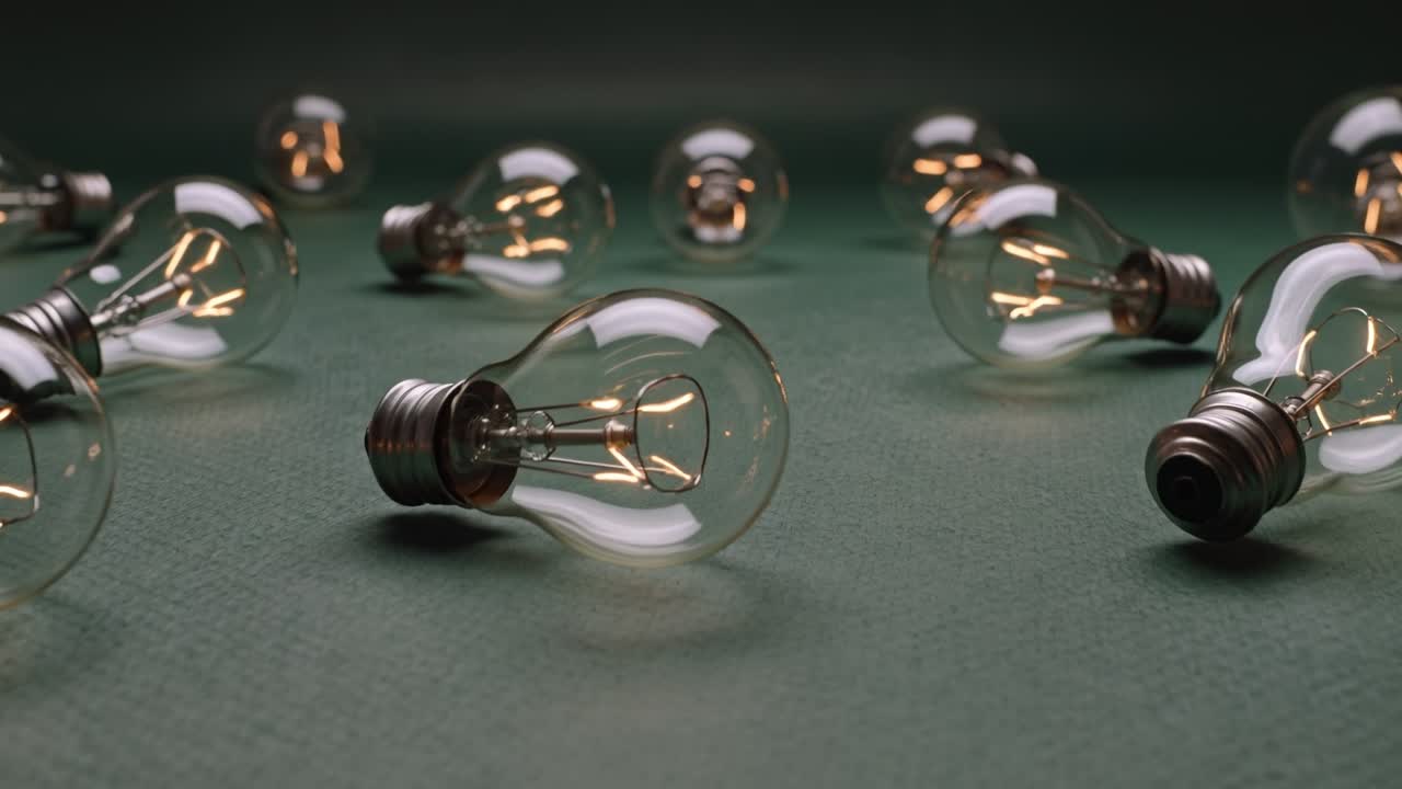 Multiple glowing light bulbs lying on dark surface for creative idea and innovation concept