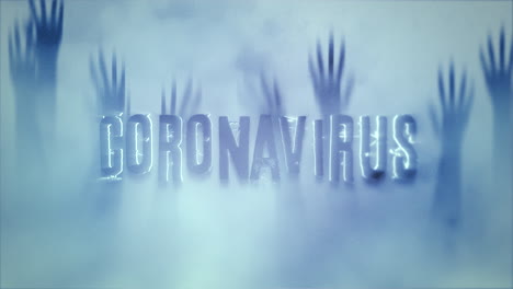 texto animado de primer plano coronavirus y fondo de horror místico con las manos detrás del cristal