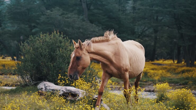 Beautiful Light Brown Horse Walking Over Yellow-Field Flowers In Nature Spring