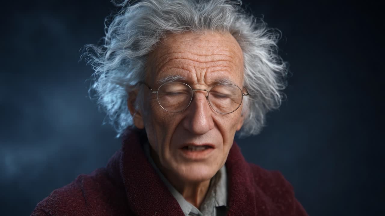 Un uomo anziano pensieroso con capelli e occhiali particolari riflette intensamente in un ambiente con illuminazione drammatica, catturando saggezza ed esperienza in un ritratto