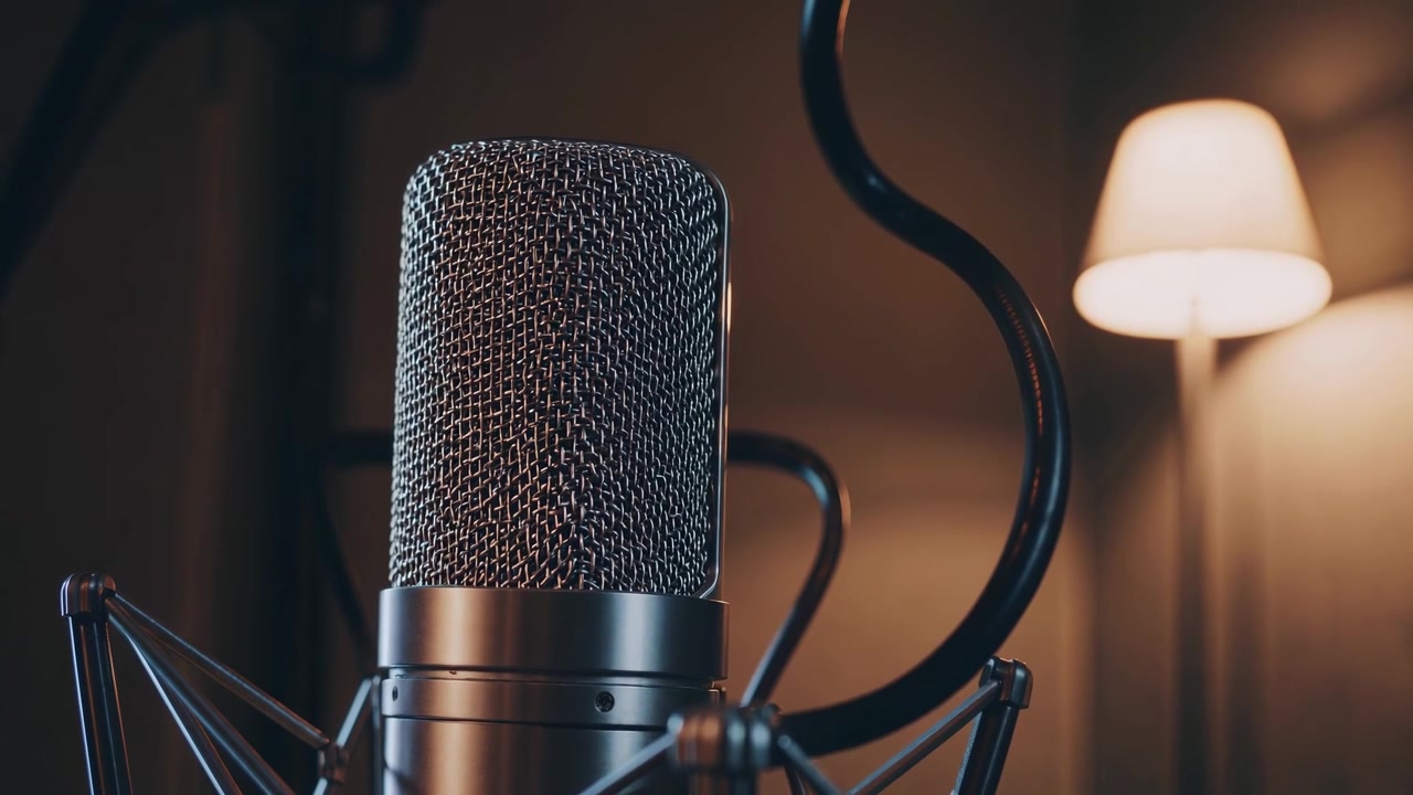 Professional Condenser Microphone in a Warmly Lit Recording Studio
