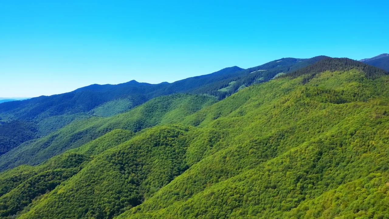 鬱蒼とした緑の森林がなだらかな山腹を覆い、カメラがゆっくりと移動するにつれて、重なり合う尾根、日陰の谷、鮮やかな木々の葉、そして澄み切った青空が広がる景色が明らかになる。