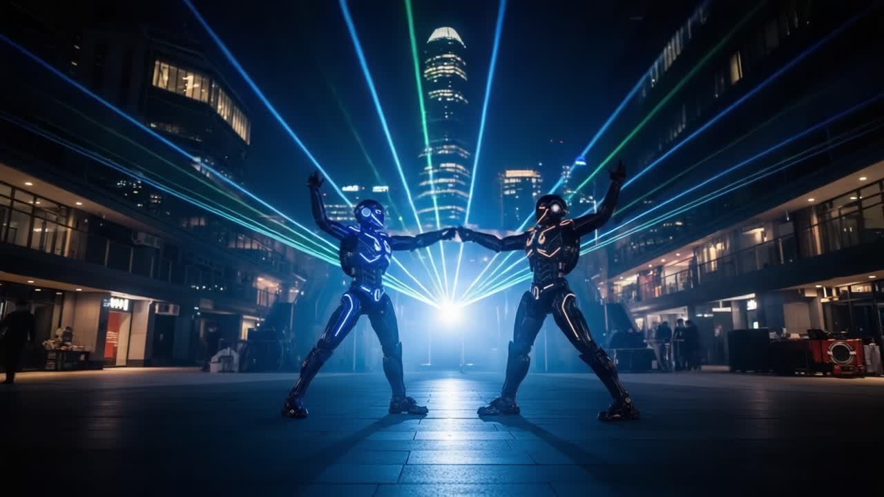 A Stunning Display of Light and Movement: Two Futuristic Combatants Engaged in a Dynamic Dance Amidst a Vibrant Laser Show in a Modern Urban Environment
