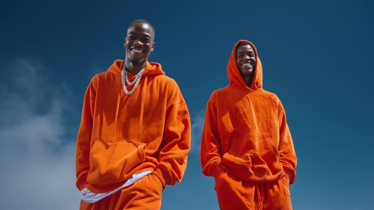 Two men wearing bright orange hooded sweatshirts standing together against a clear blue sky background