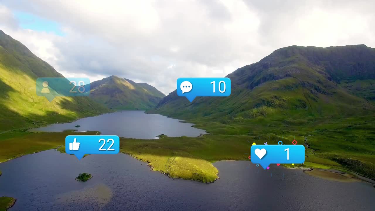 Sequência começando em um lago de montanha, com ícones sociais surgindo, atualizando contagens e visualizando o engajamento.