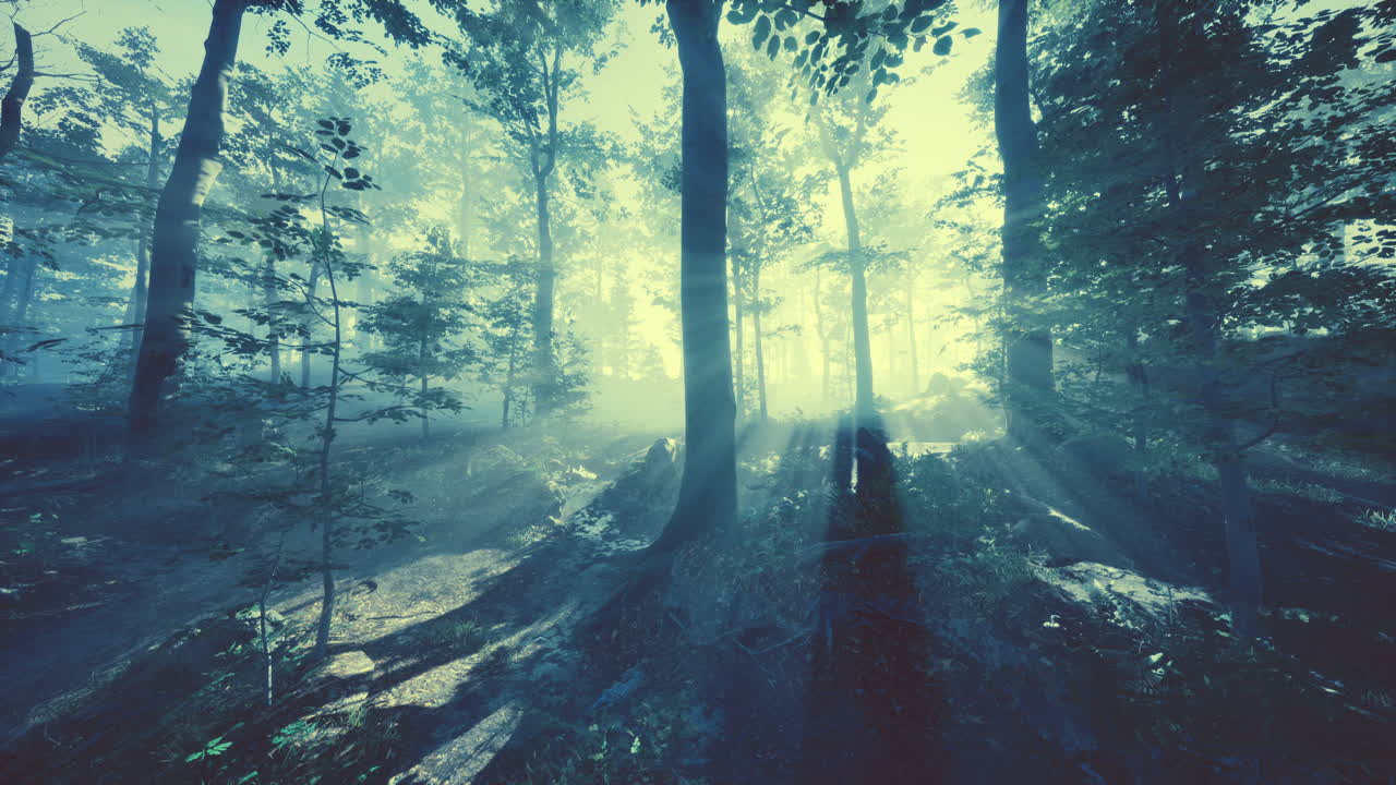 Glowing fog in the forest in the evening