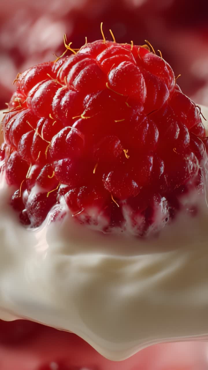 Juicy Red Raspberry Glistening on Creamy White Background, Capturing the Freshness and Texture of the Berry Against a Soft Creamy Layer