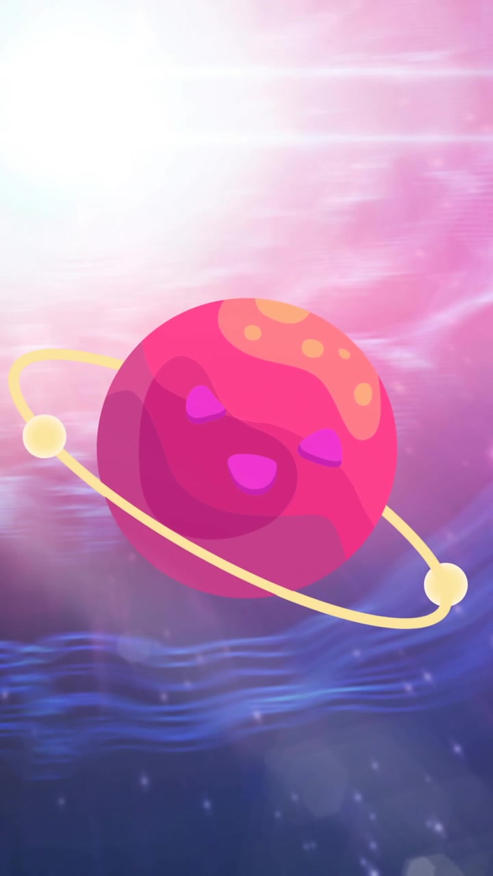 Animazione di Saturno su un punto bianco luminoso e stelle, con scie di luce rosa e viola nell'universo