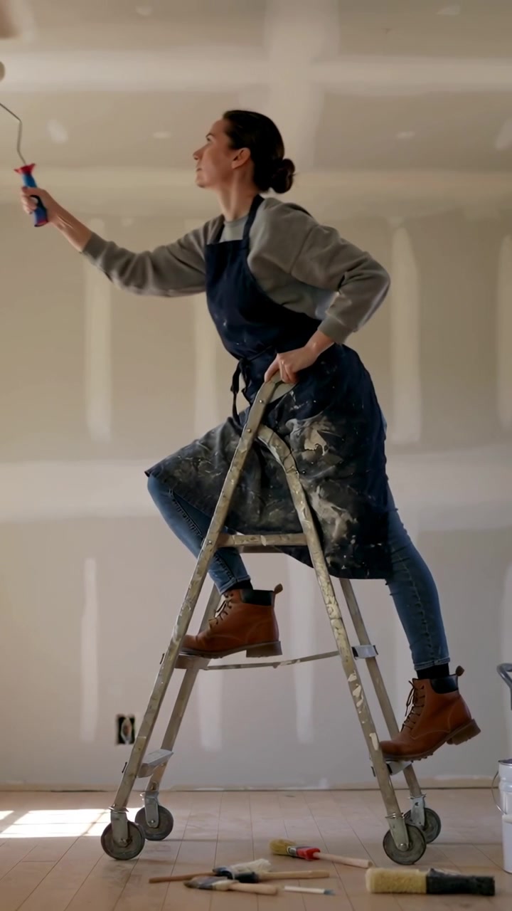 Vertical video: Bracing ladder, woman in apron rolling ceiling with paint roller renovating home