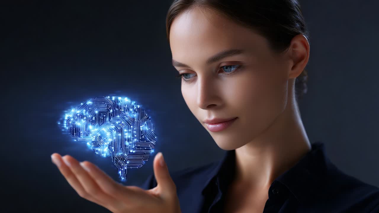 A woman gazes thoughtfully at a holographic representation of a brain, showcasing the intersection of technology and human intelligence, capturing a moment of inspiration and futuristic innovation