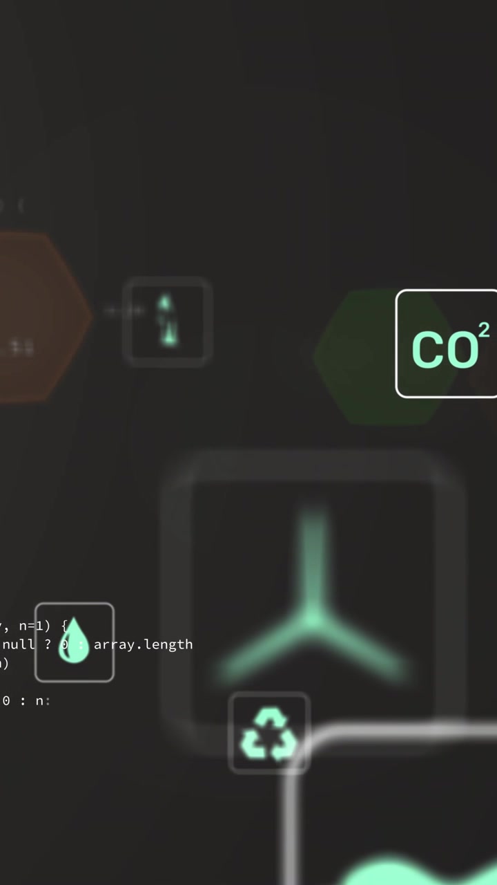 Vertical video: On entry, turbine cluster appearing, pulsing and updating metrics to show eco data