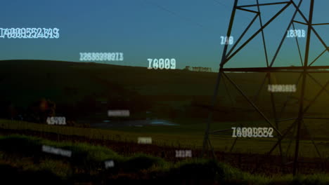 animation of financial data processing over electricity pylon on field