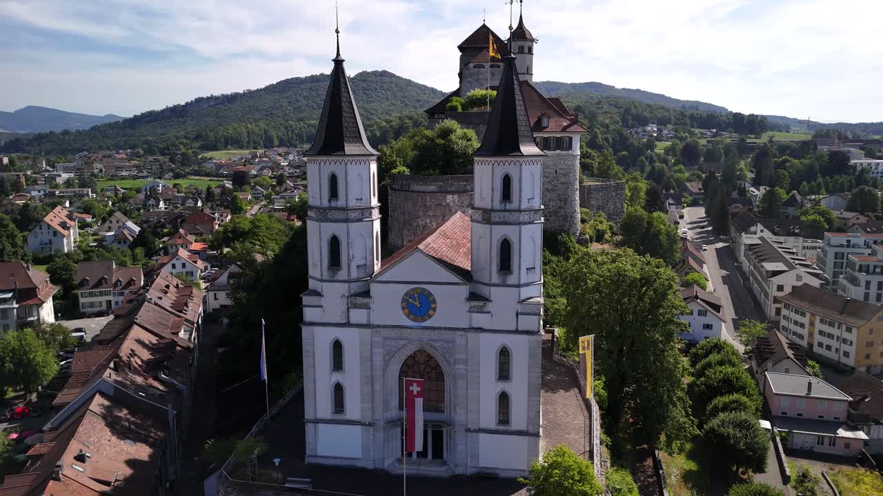 Reformed church of Aarburg neo-gothic architecture style Switzerland above steep rocky hillside