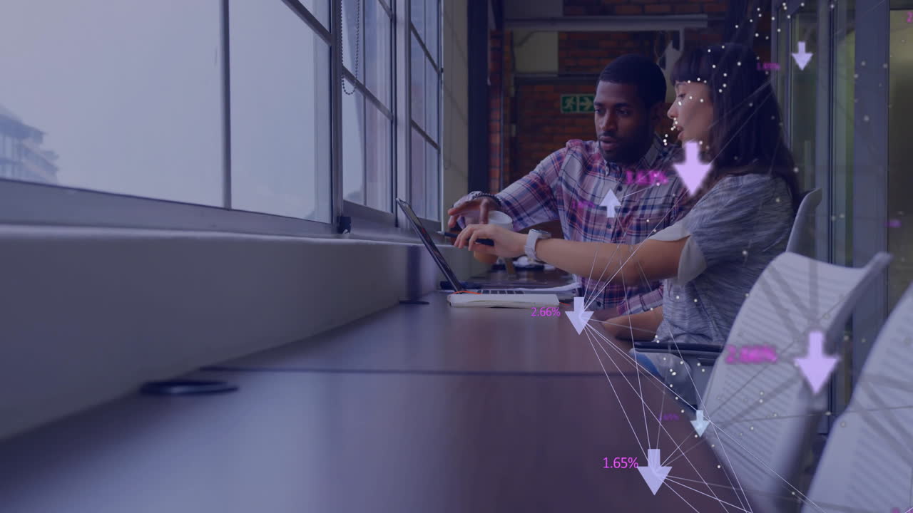 Animation of network of connections with icons over diverse colleagues discussing work in office