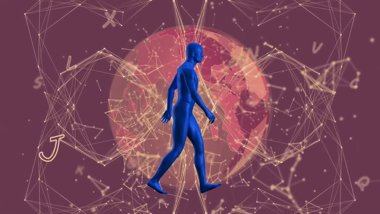 animación de un modelo humano caminando, letras y globo de conexiones