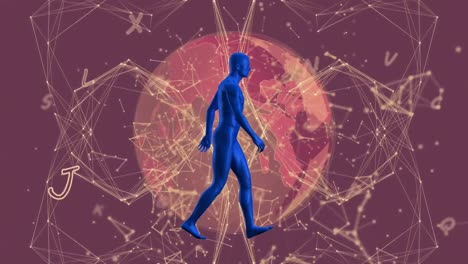 animation of human model walking, letters and globe of connections