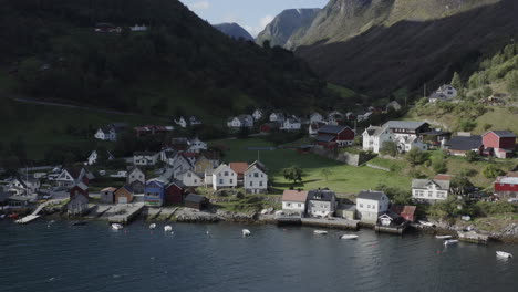 norwegian fjord village aerial view