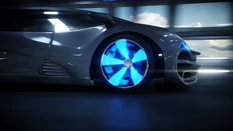 coche futurista de conducción rápida en el túnel de ciencia ficción, corredor. concepto del futuro. animación realista 4k.