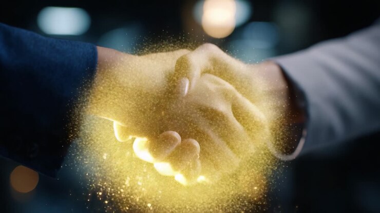 Un dinámico apretón de manos iluminado con efectos brillantes, que simboliza la asociación, el acuerdo y la colaboración en un contexto empresarial atractivo