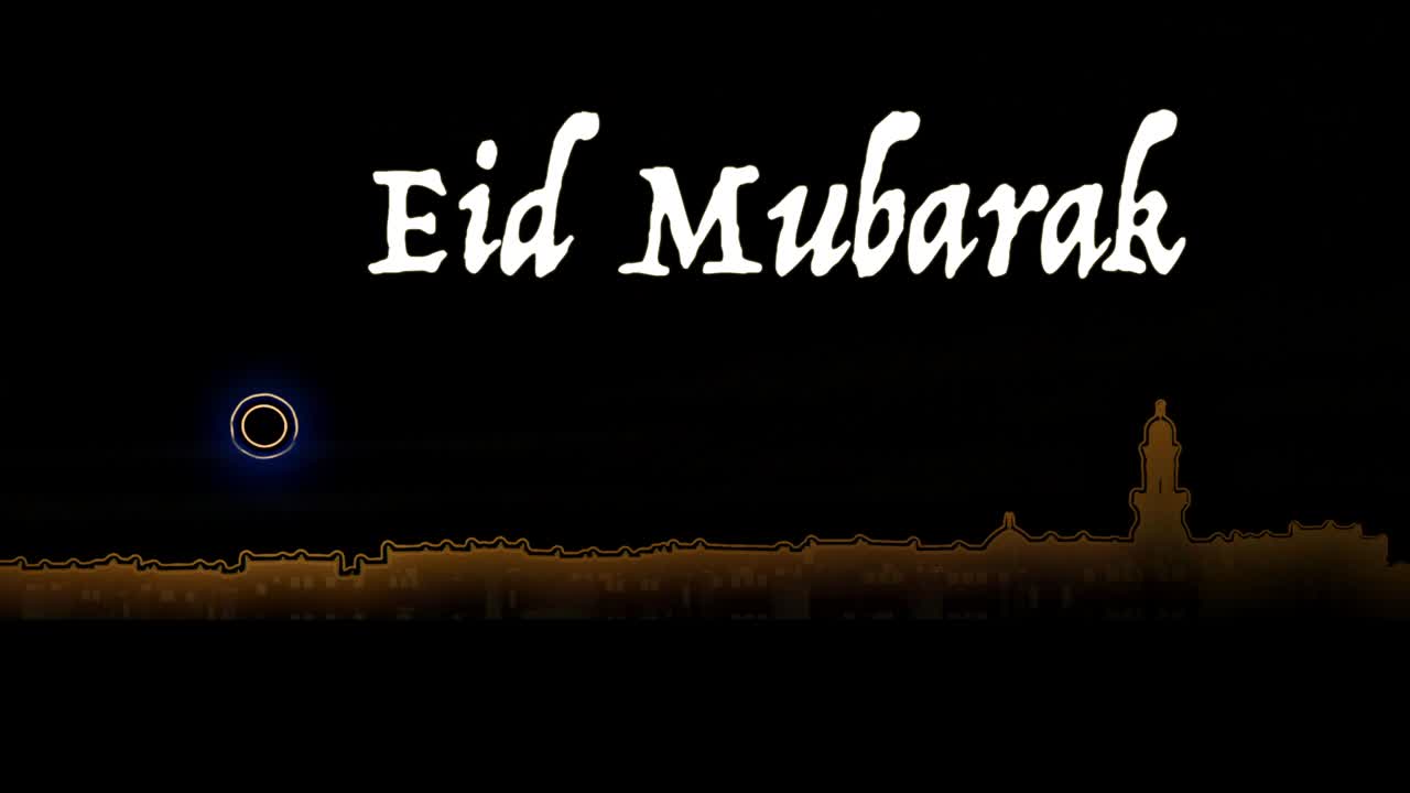 Eid Mubarak. Mosque with Sunset in Orange over Black background.