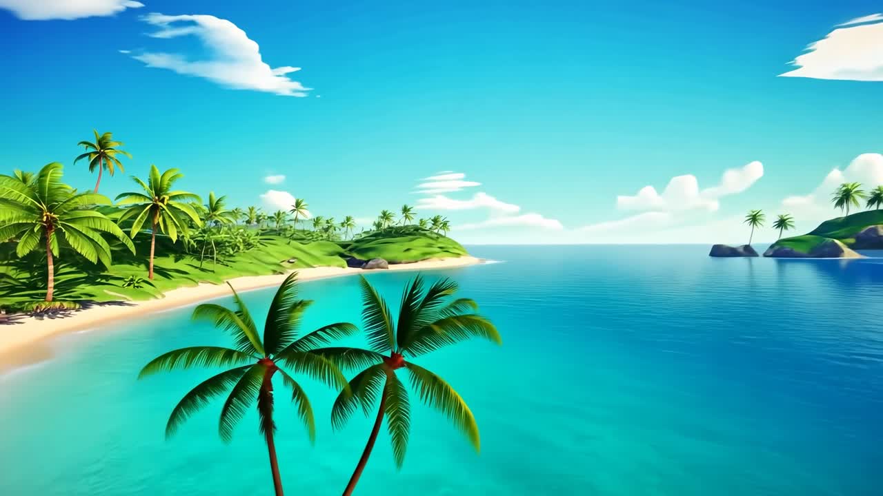 Una vibrante escena de playa estilo dibujo animado con palmeras, capturada desde un ángulo bajo
