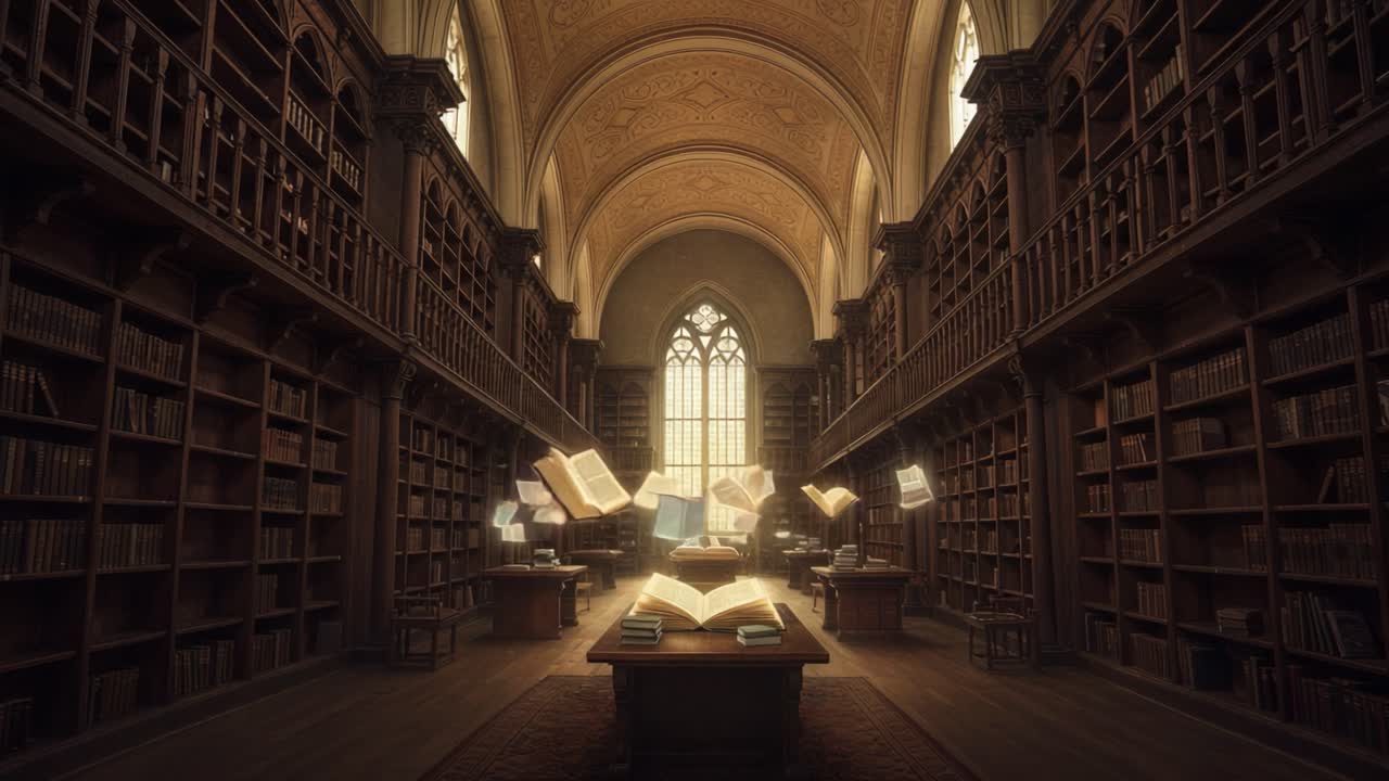 Enchanting Library Scene: A Stunning Display of Floating Books Illuminating the Grand Arched Ceiling and Rich Wood Shelves in an Atmospheric Reading Sanctuary