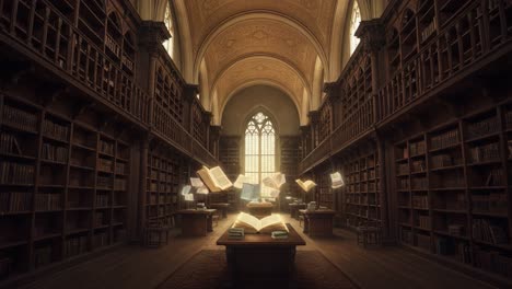 enchanting library scene: a stunning display of floating books illuminating the grand arched ceiling and rich wood shelves in an atmospheric reading sanctuary