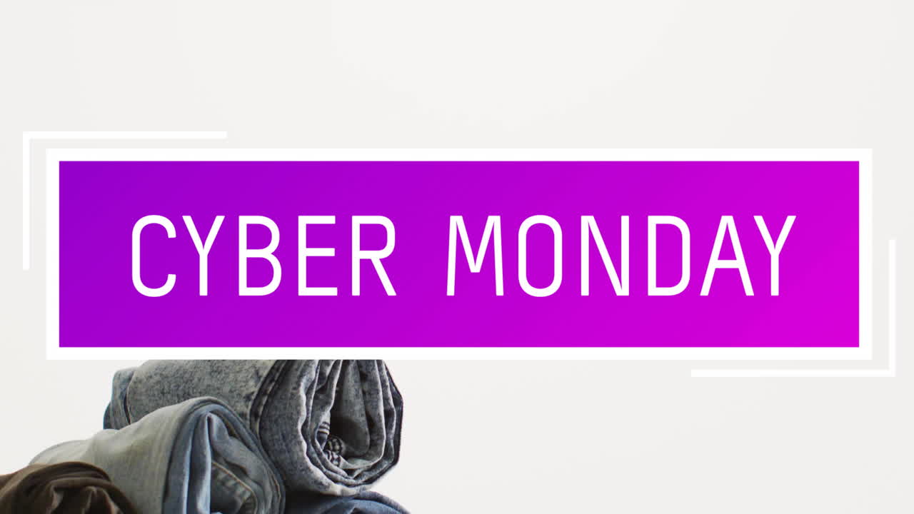 animación del texto de cyber monday sobre pantalones de denim sobre un fondo blanco
