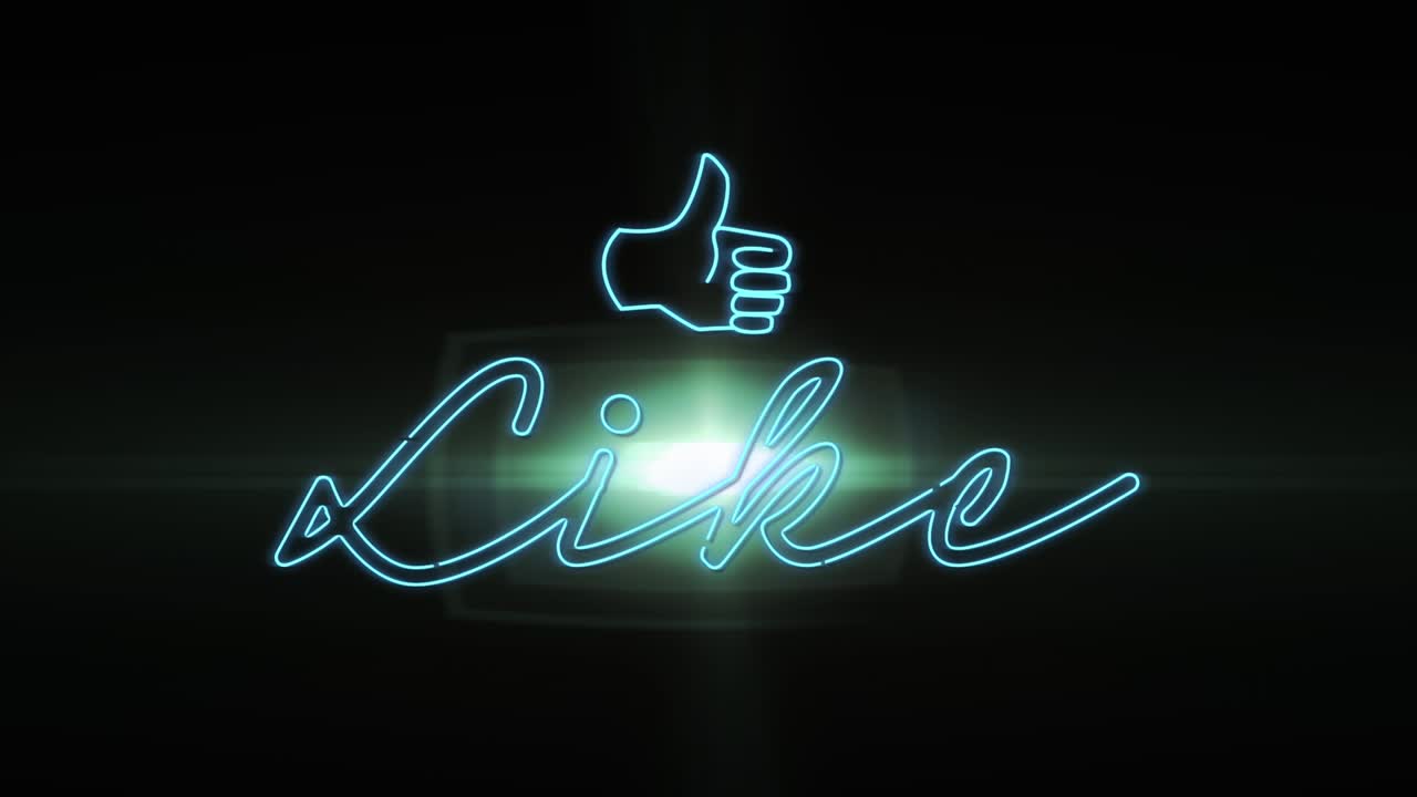 Animation of digital thumbs up sign and like text with lens flare over black background