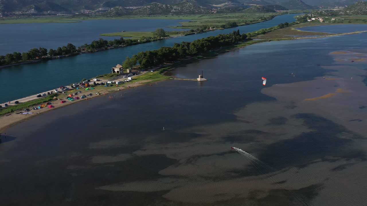 Kite Surfing on Neretva Valley, Adriatic Sea - Aerial Drone View