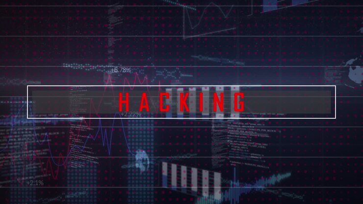 Animation of hacking text over data processing on black background
