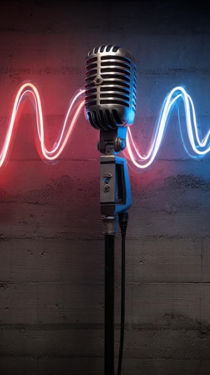 A Classic Vintage Microphone Surrounded by Vibrant Neon Waves Representing Sound and Music, Capturing the Essence of Live Performance and Musical Expression