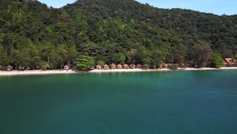 perfect aerial view flight cabins huts on jungle white sandy beach island koh chang thailand 2022