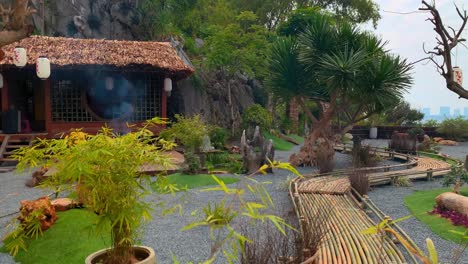curved bamboo walkway in tranquil rock garden